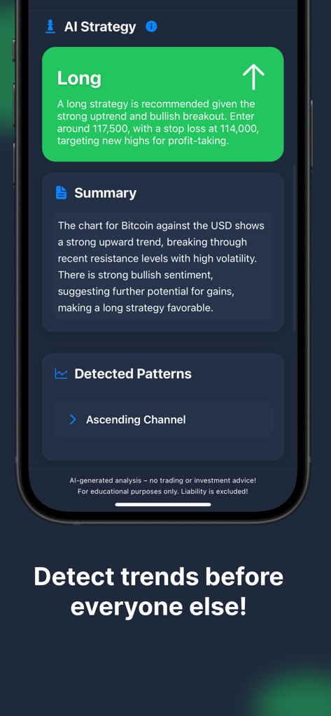 ChartDetector AI - Pantalla de la aplicación ChartDetector AI mostrando una recomendación de estrategia de trading a largo plazo y análisis de tendencia del mercado de Bitcoin.