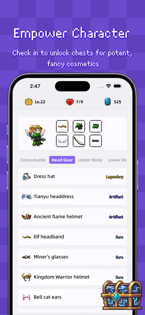 Pixel art character customization screen in Habicat gamified habit tracker