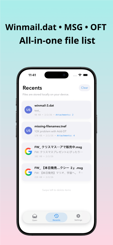 Winmail.dat Opener Pro - Winmail dat Opener Pro interface showing a list of recently opened MSG and TNEF files on an iPhone
