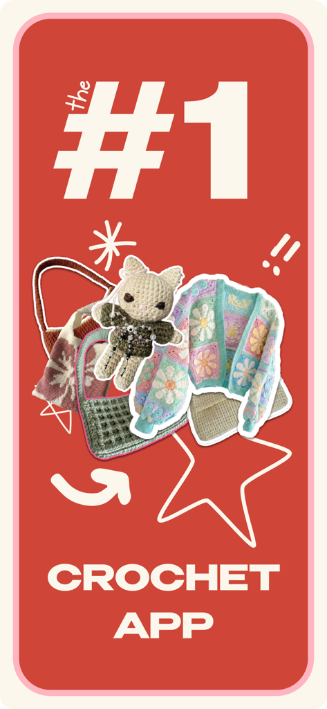 Yumak - Crochet & Knitting - Pantalla promocional de Yumak, etiquetada como la aplicación de ganchillo número uno, que presenta artículos estéticos hechos a mano como un cárdigan floral y un gato de ganchillo.