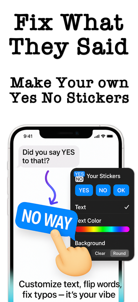 Yes No Reverse Sticker Maker - Interface of the Yes No Reverse Sticker Maker app showing a custom blue sticker and text editing tools in iMessage.
