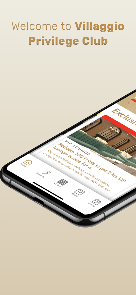 Villaggio Privilege Club - Una pantalla de smartphone que muestra la interfaz de la aplicación Villaggio Privilege Club con una recompensa de acceso a la sala VIP