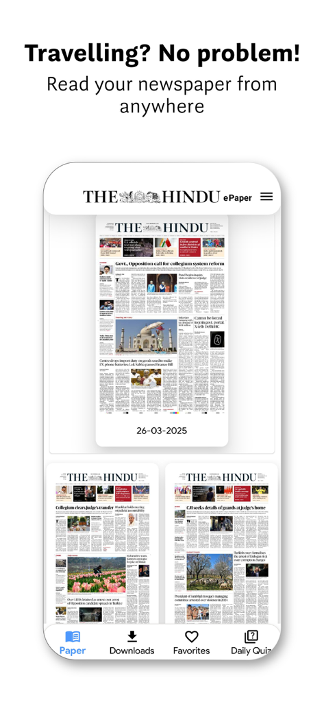 Smartphone screen showing The Hindu ePaper app with digital newspaper pages and options for downloads and favorites.