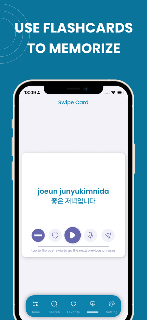 Learn Korean - Phrasebook - A smartphone screen showing the flashcard feature of the Learn Korean Phrasebook app with a phrase in Hangul and English phonetics