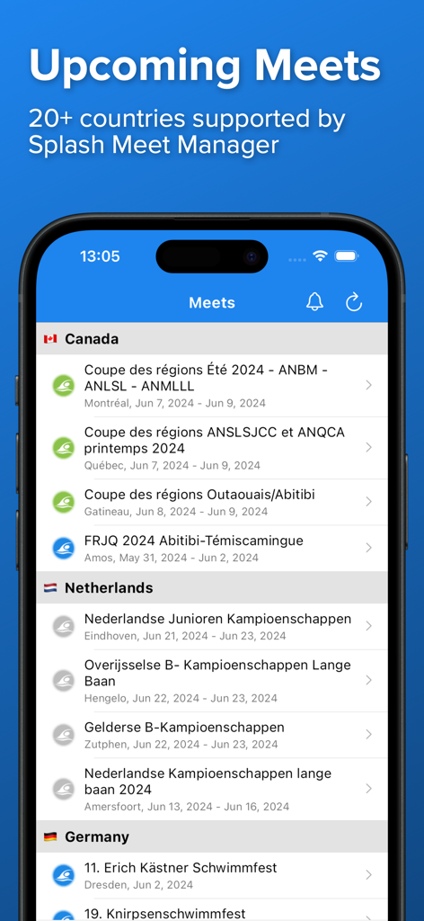 SplashMe - Swim Results - Screenshot of SplashMe app showing a list of upcoming swim meets in countries like Canada Netherlands and Germany