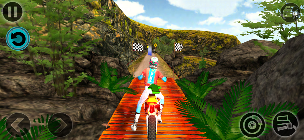 Wheelie Offroad Moto 3D Stunts - Un piloto de motocross cruzando un puente de madera en Stunts de Moto Wheelie Offroad 3D