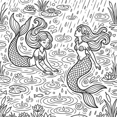Immerse yourself in a tranquil scene where graceful lake mermaids enjoy a peaceful rainy day. Delicate raindrops create mesmerizing ripples on the water, surrounded by beautiful aquatic flora, offering a captivating coloring experience.