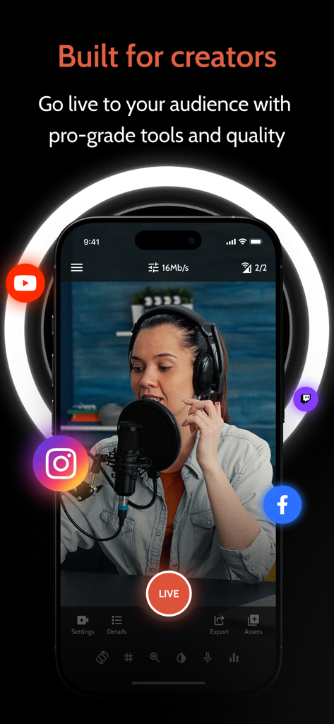 Omnistream mobile app interface showing a professional live stream with multi platform broadcasting icons for YouTube Instagram and Facebook
