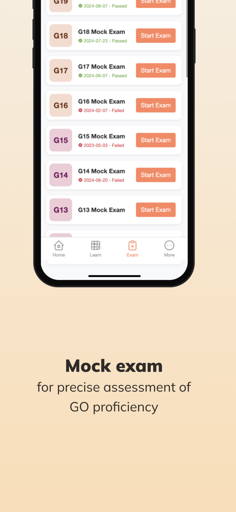 HJJ GO - One-stop Learning App - A list of Go mock exams on the HJJ GO mobile app interface for proficiency assessment