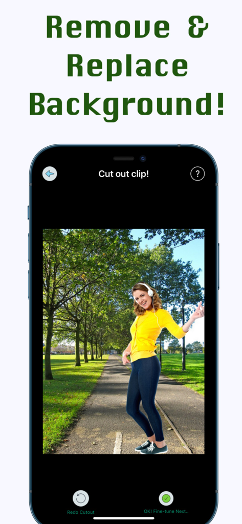 Interface de l'application mobile Photo Cut Out montrant une fonctionnalité pour supprimer et remplacer l'arrière-plan sur une photo d'une femme dans un parc.