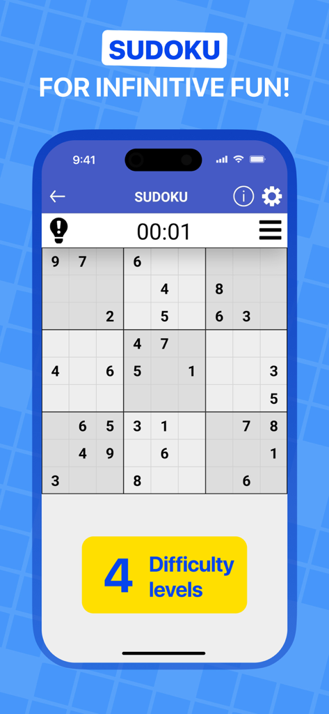 Daily Crossword Puzzles - EN - Interfaccia di un'app mobile che mostra un puzzle Sudoku con quattro livelli di difficoltà