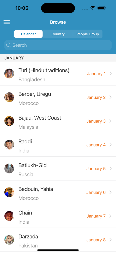 Tela de navegação do aplicativo Não Alcançados do Dia exibindo uma lista de povos em datas de janeiro