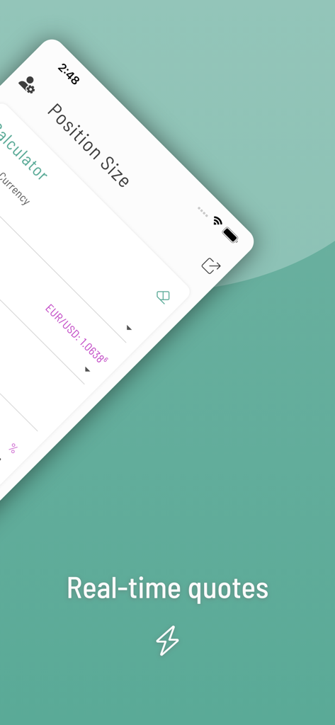 Oberfläche der FX Positionsrechner-App mit Echtzeit-Forex-Währungskursen.