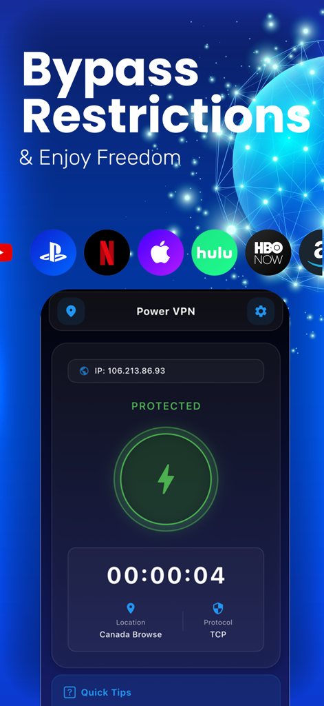 Power VPN - Fast WiFi & Proxy - Power VPN App-Oberfläche, die eine geschützte Verbindung und Symbole verschiedener Streaming-Dienste anzeigt