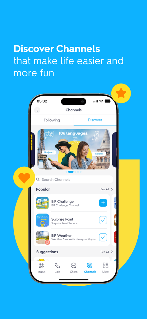 Interface of the BiP app showing the Discover Channels screen with popular channels and a translation service banner