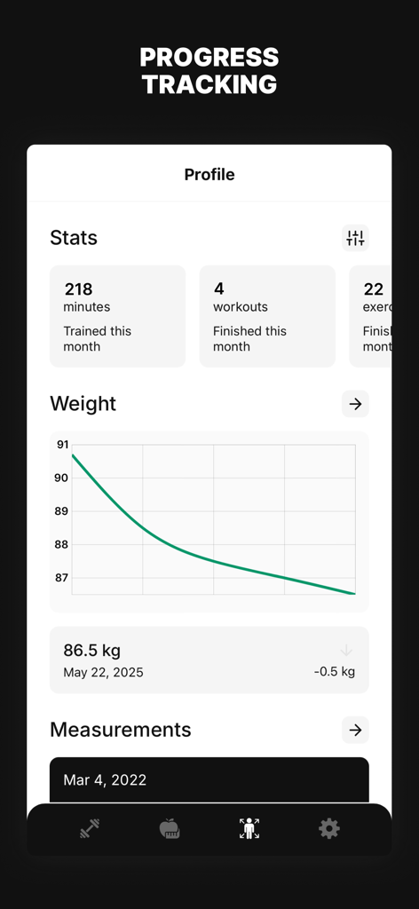 One Fitness App - Uno screenshot dell'app One Fitness che mostra il monitoraggio dei progressi con statistiche di allenamento e un grafico di perdita di peso.