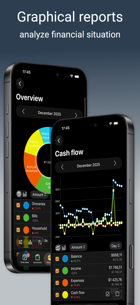 Graphical financial reports and cash flow charts in Alzex Finance Pro