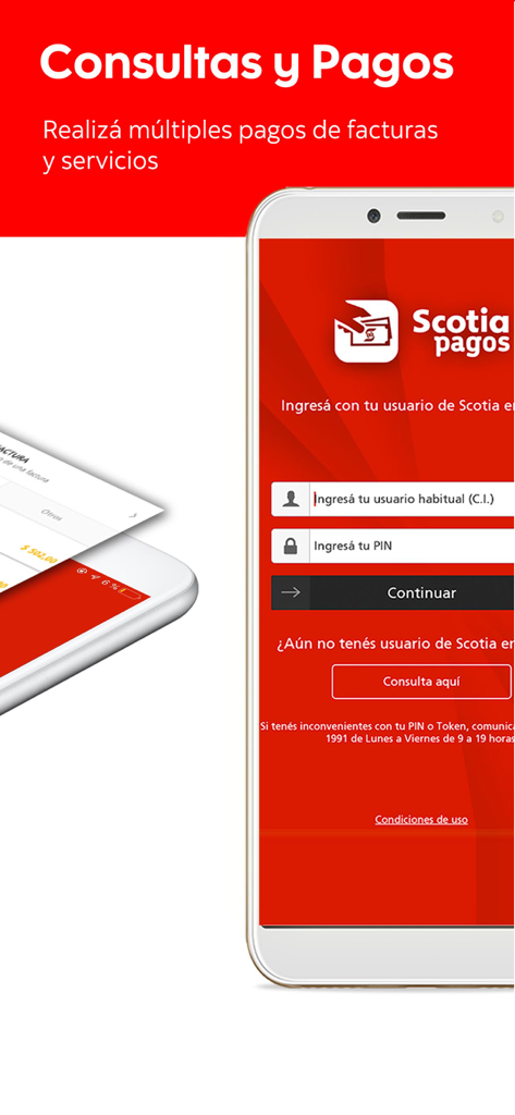 Scotia Pagos - Tela de login do aplicativo móvel Scotia Pagos para pagamentos e consultas de contas uruguaias.