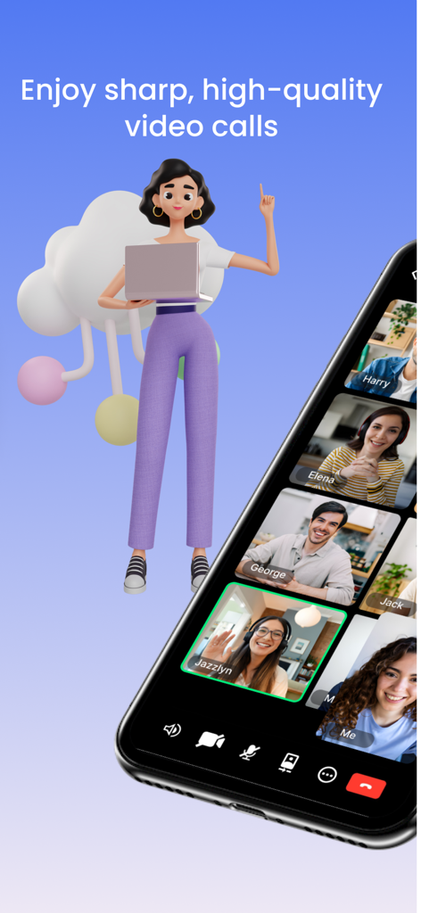 Daakia: Meetings & Webinar - Daakia app interface displaying a high quality group video conference on a smartphone