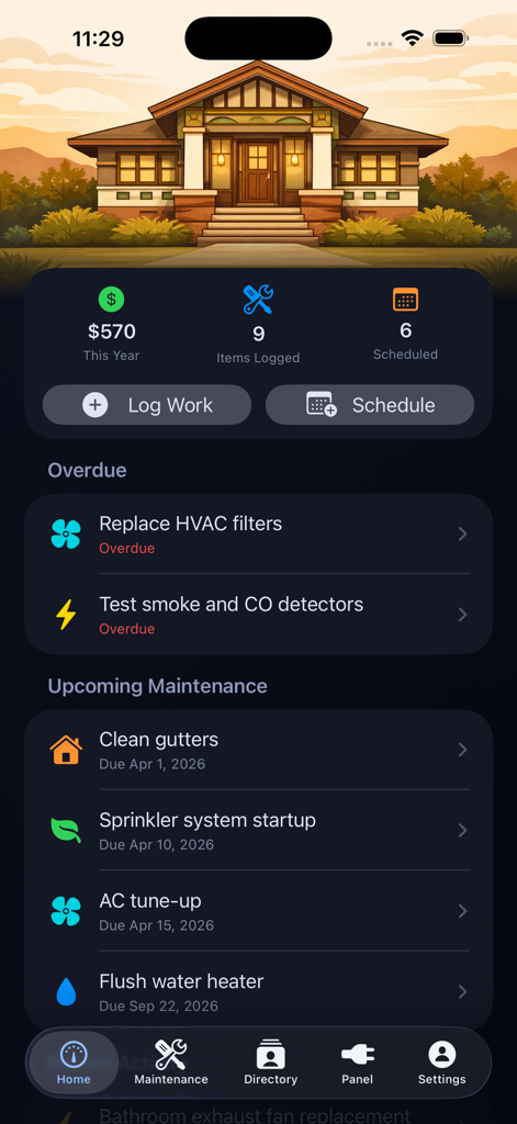 FixFolio app home screen showing overdue and upcoming home maintenance tasks