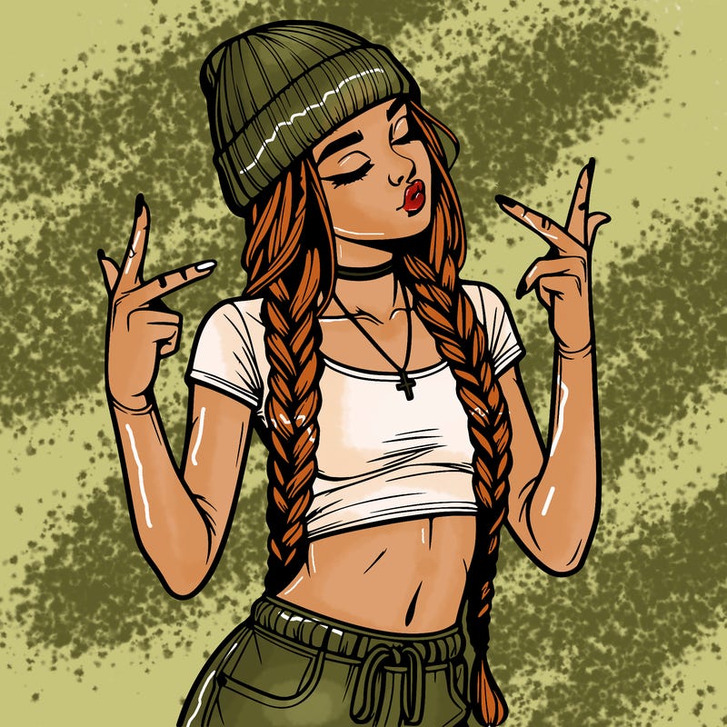 realistic teenage girl with braids and a beanie and crop top doing 🫶🏼