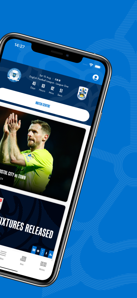Huddersfield Town AFC - Match Centre dell'app dell'Huddersfield Town AFC che mostra il conto alla rovescia delle partite e le notizie del club