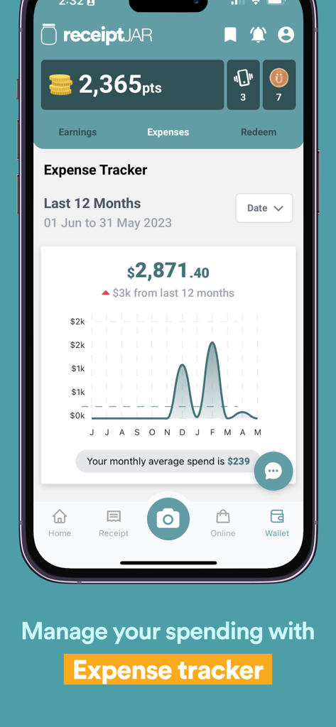 ReceiptJar app expense tracker dashboard showing a monthly spending graph and rewards points