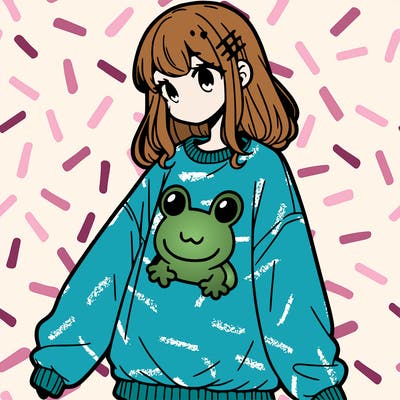 girl wearing frogging sweatshirt