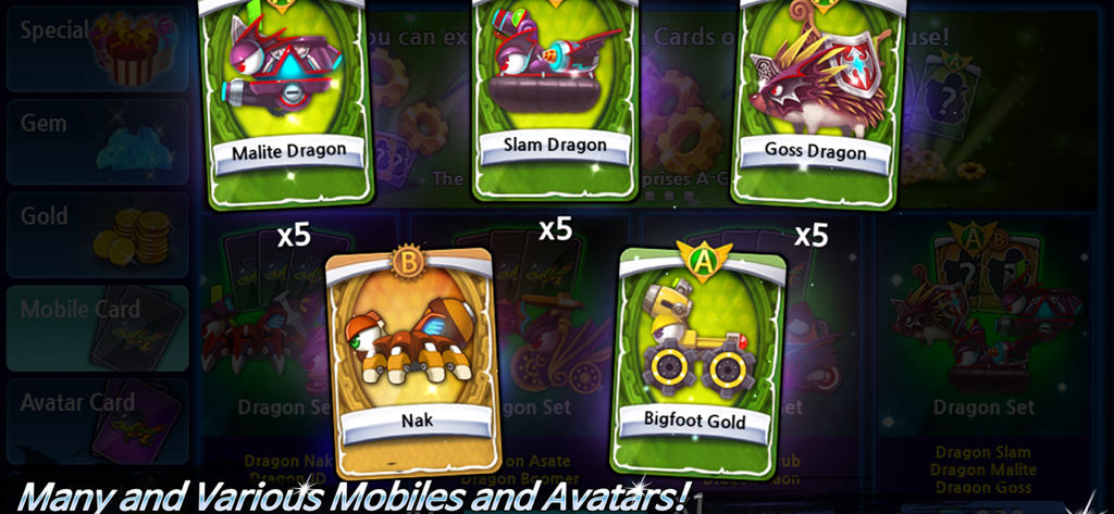 GunboundM - ガンバウンドMゲームの様々なモバイルタンクとアバターカードのディスプレイ