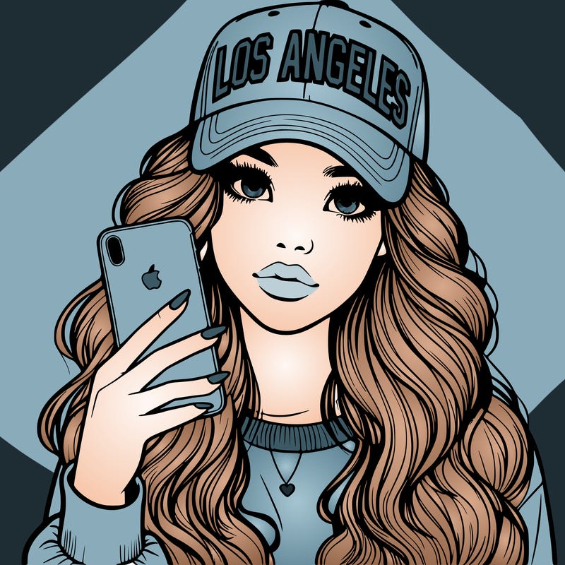 realistic beautiful girl wearing los ángeles cap holding an iphone