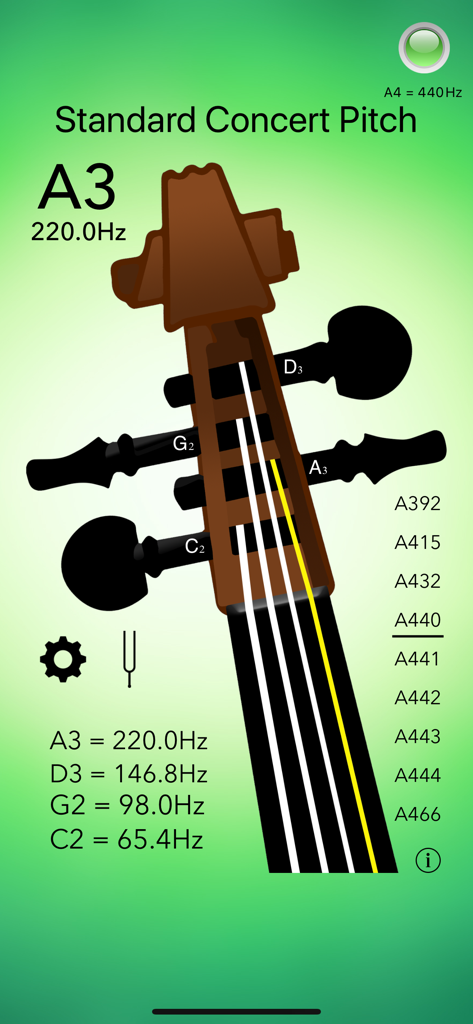 Cello Tuner Professional - Interfaz de la aplicación Afinador de Violonchelo Profesional mostrando el tono de concierto estándar y los valores de frecuencia para las cuerdas de violonchelo.