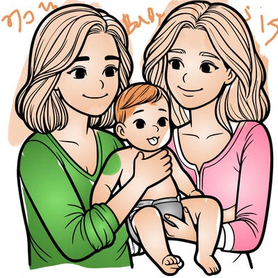 two realistic women holding one baby together
