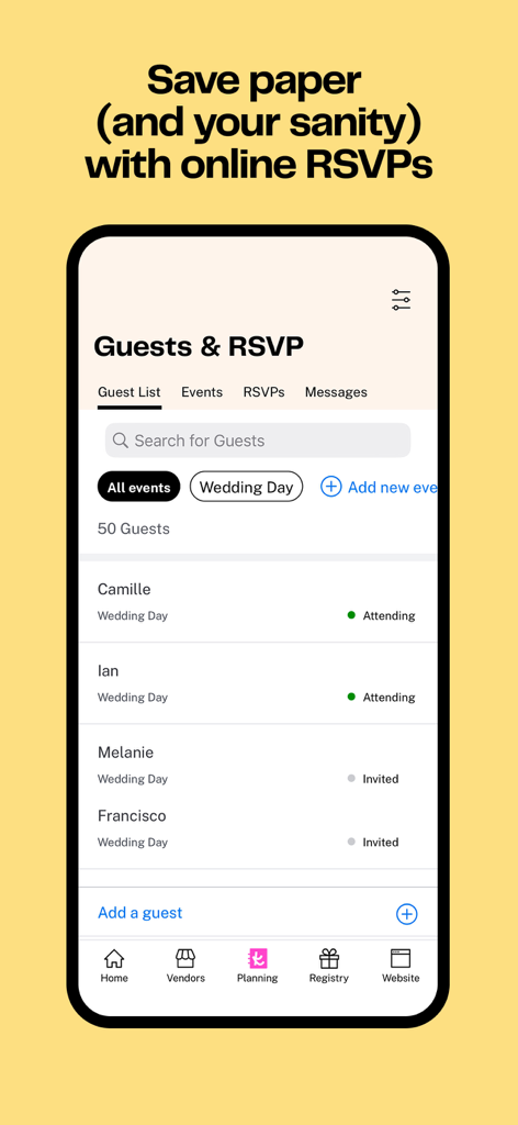 The Knot Wedding Planner - The Knot Wedding Planner mobile app interface showing guest list management and online RSVP tracking.