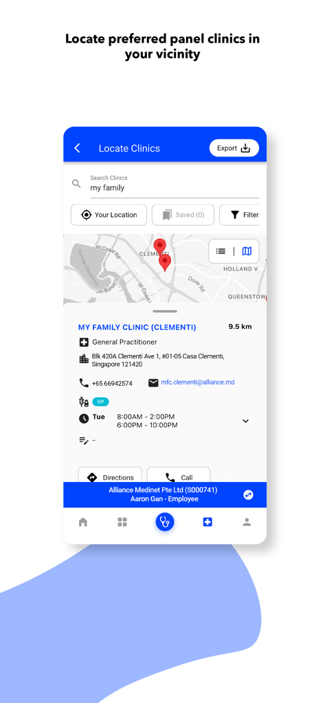 Pantalla de la aplicación Cigna Care Connect para localizar clínicas asociadas preferidas cercanas