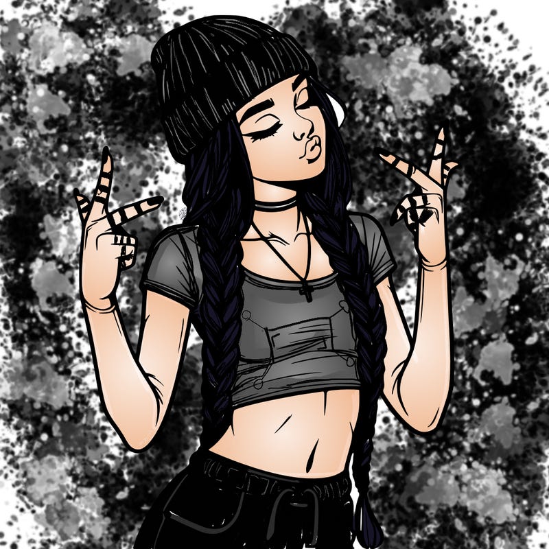 realistic teenage girl with braids and a beanie and crop top doing 🫶🏼