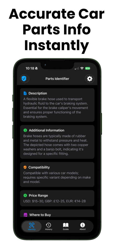 Car Parts Identifier: AI Scan - Tela do aplicativo Identificador de Peças Automotivas mostrando informações detalhadas, compatibilidade e faixa de preço para uma mangueira de freio identificada.