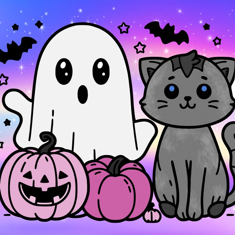 cute ghost, pumpkin and cat halloween style