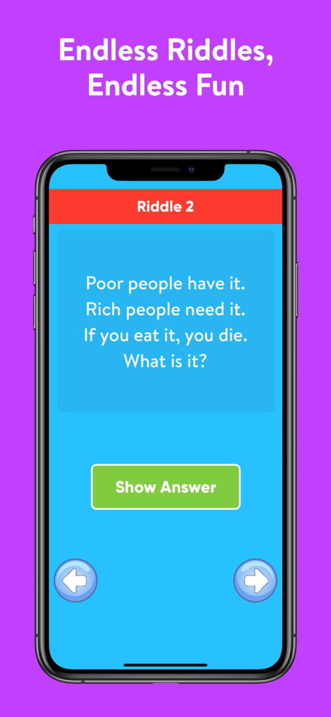 A smartphone screen displaying a brain teaser riddle with a show answer button in the Tricky Riddles With Answers mobile game.