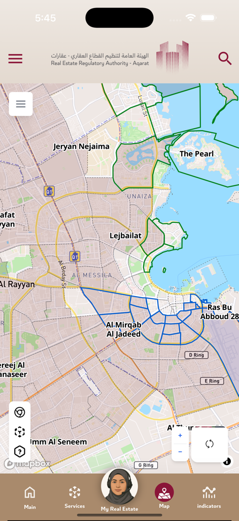 Qatar Aqarat - Map interface of the Qatar Aqarat app showing real estate districts and investment zones