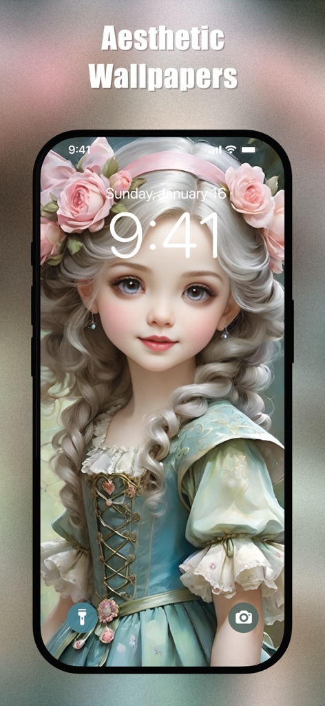 Cute Doll Wallpapers 4K | HD - A smartphone lock screen featuring an aesthetic 4K wallpaper of a cute doll in a vintage dress with roses in her hair.