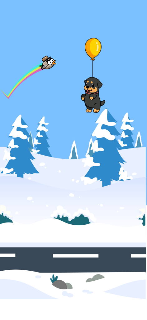 Balloon pop party - A puppy floating with a yellow balloon over a snowy landscape with a bird and rainbow trail.