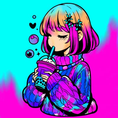 manga girl drinking boba in cozy sweater