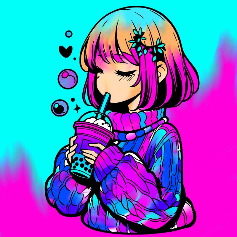 manga girl drinking boba in cozy sweater