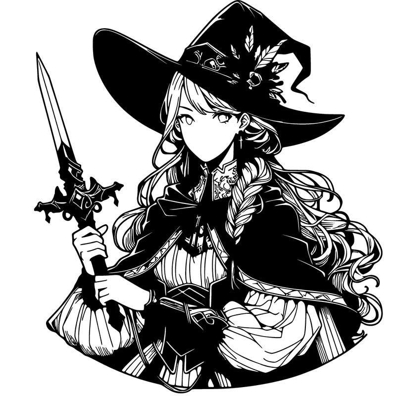 a realistic fantasy manga queen witch with a sword