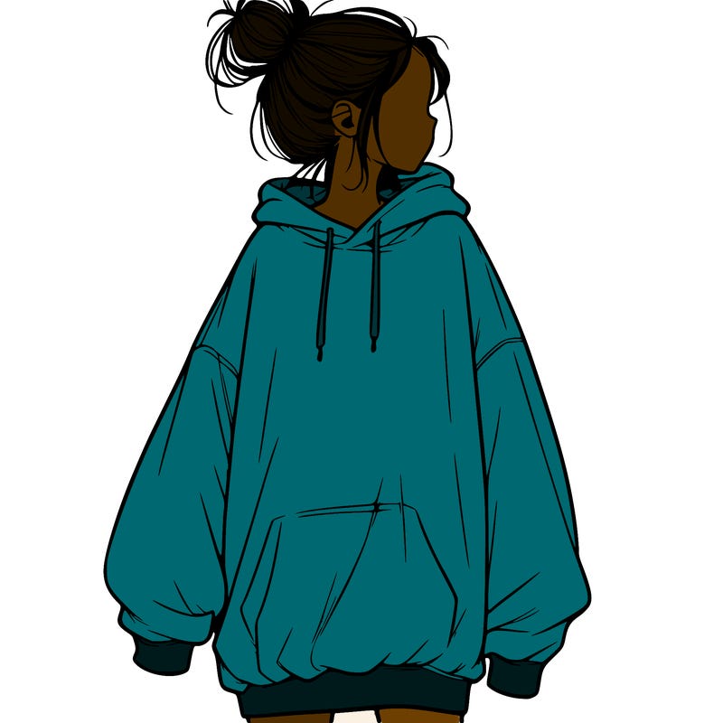 realistic girl with a oversized sweatshirt on and a bun