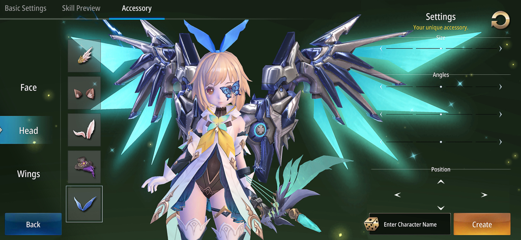 Pantalla de personalización de personajes en Aura Kingdom 2 Evolution mostrando ajustes de accesorios para un avatar de anime con alas mecánicas