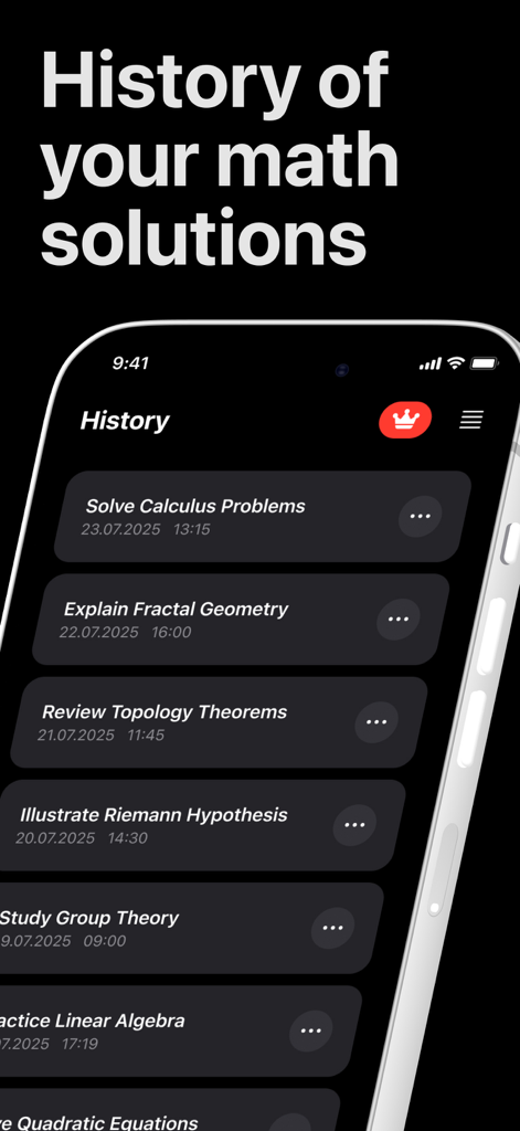 AI Math Solver Helper - Msol - History screen of Msol AI Math Solver app showing a list of past solved math problems and topics like calculus and geometry