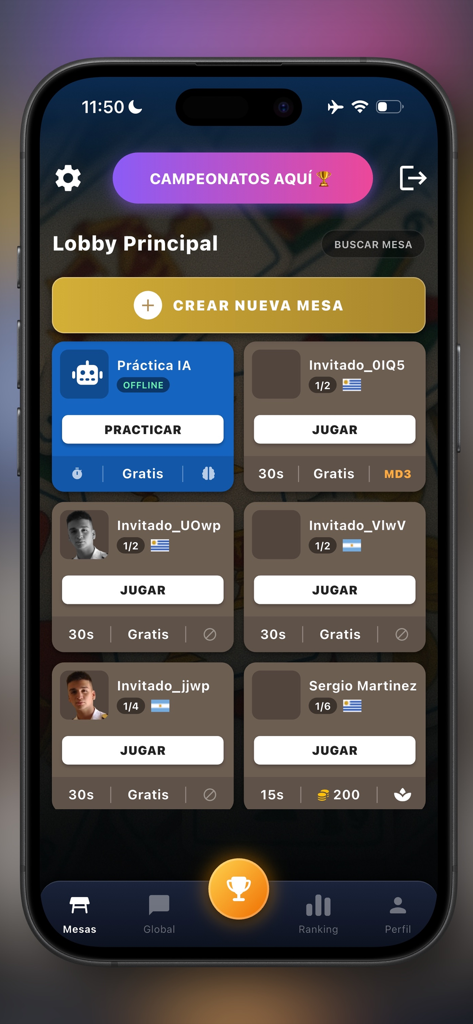 Truco: Argentino vs Uruguayo - Lobby screen of the Truco mobile app showing various game rooms with Argentine and Uruguayan flags.