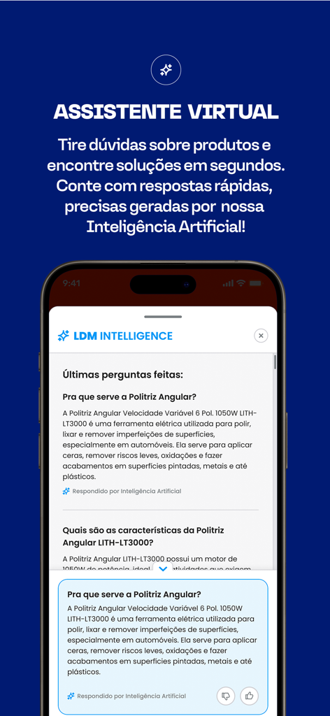 Pantalla de la app móvil Loja do Mecânico con un asistente virtual impulsado por IA que proporciona soporte técnico e información de productos para herramientas.