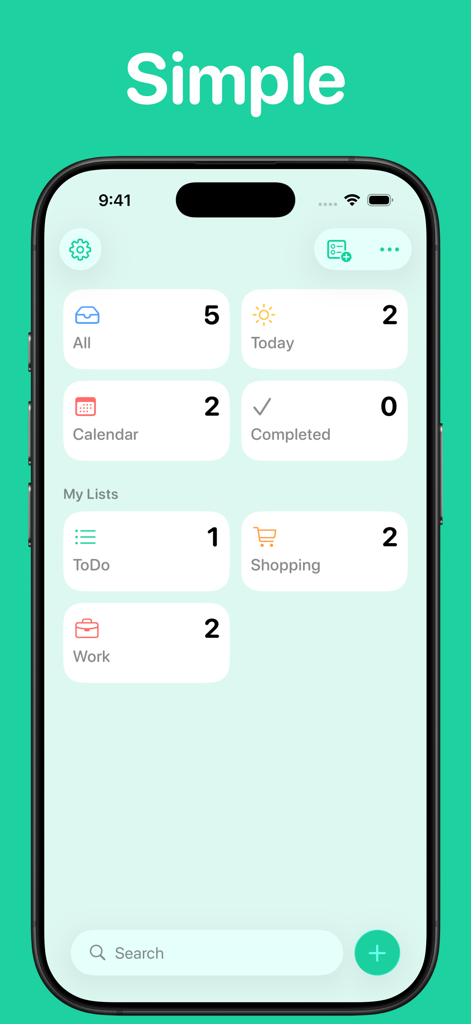 To Do List app interface on iPhone showing a minimalist dashboard with task categories like Today, Shopping, and Work